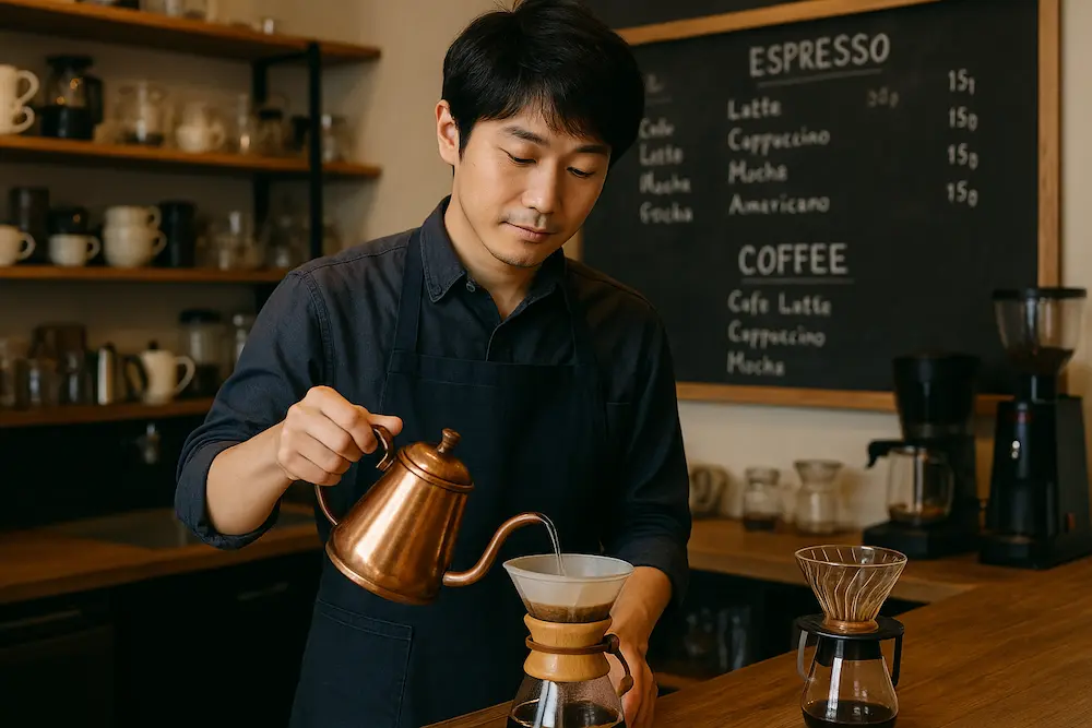 カウンターでコーヒーを淹れるバリスタ